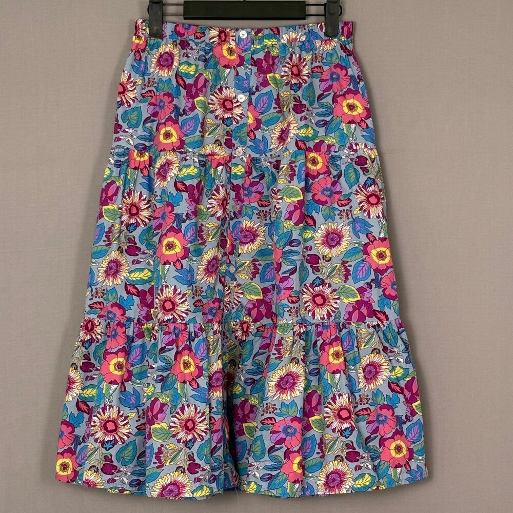 Melloday Floral Tiered Midi Skirt Cotton Button Front Pockets Size M